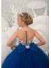Silver Lace Royal Blue Tulle Sheer Back Foor Length Flower Girl Dress